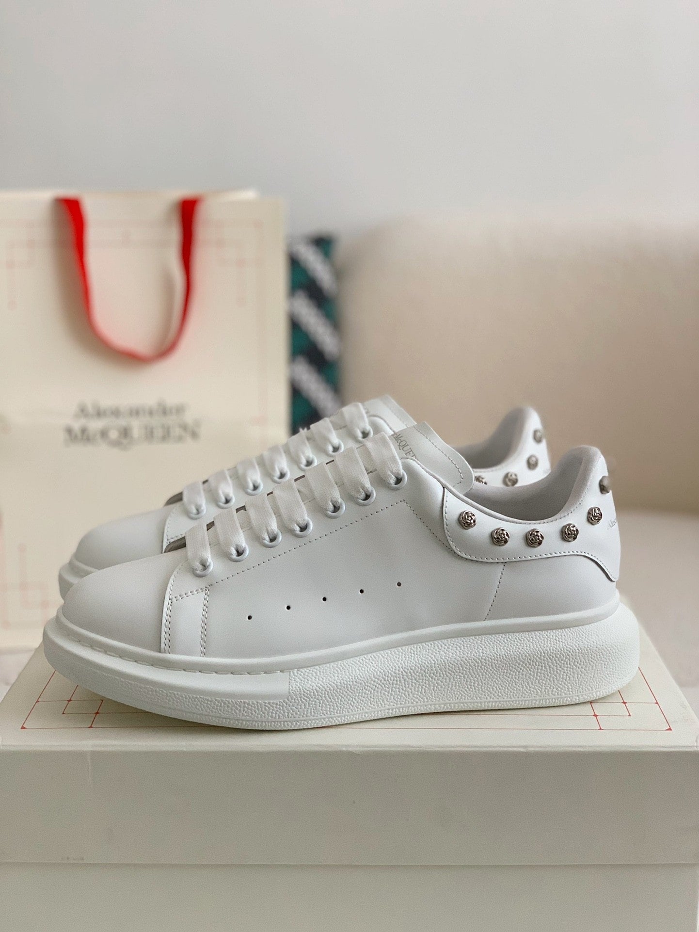 Alexander McQueen Men's White Leather Oversized Sneakers with