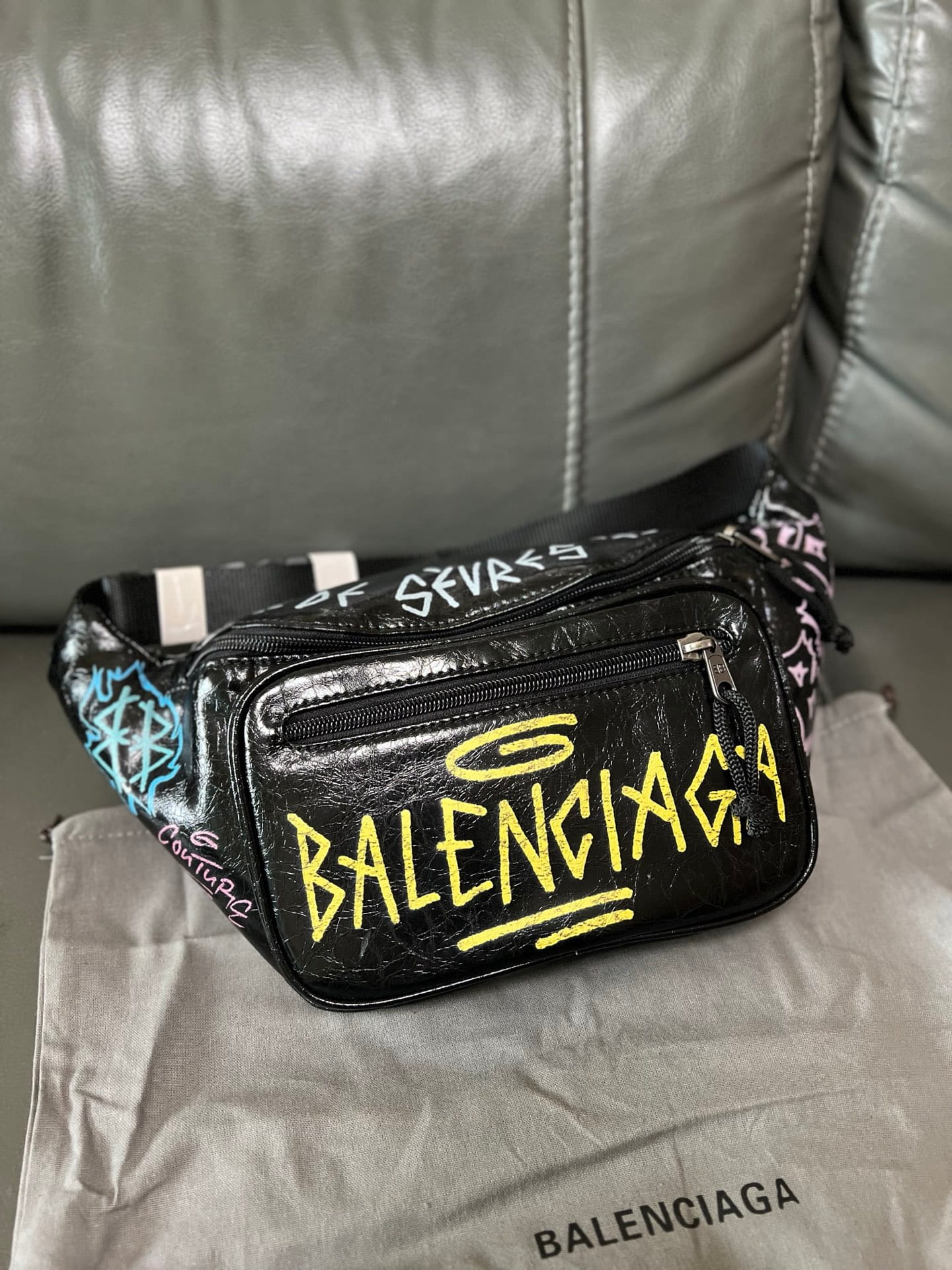 Balenciaga Graffiti Explorer Belt Bag Black Arena Lambskin Leather