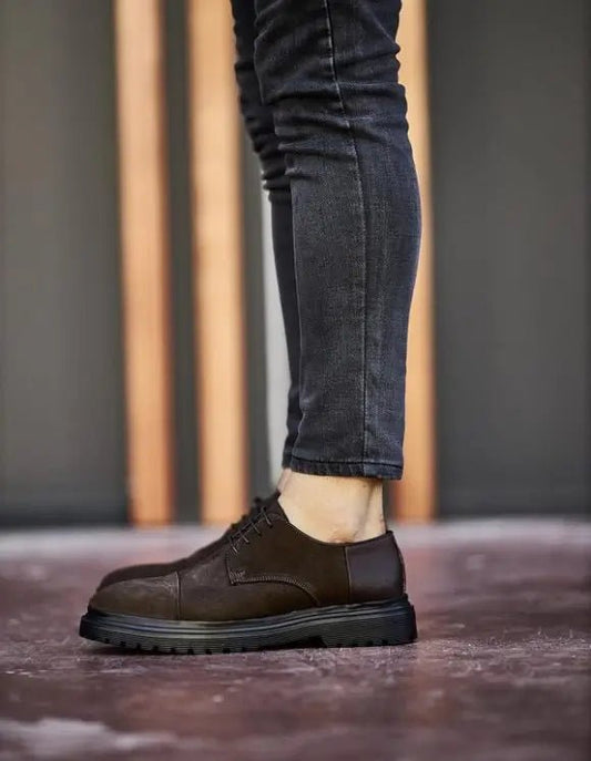 Brown Suede Lace-Up Formal Shoes – high-quality synthetic suede, worn by a man in dark grey jeans, highlighting sophistication and all-day comfort.