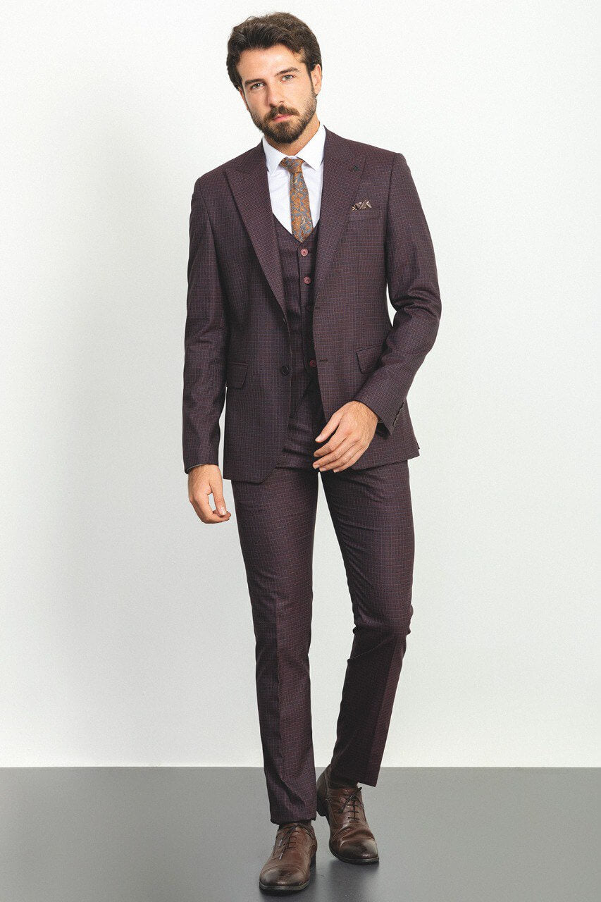 Burgundy Checkered Three-Piece Suit EU54/US44 Burgundy Checkered Three-Piece Suit EU54/US44