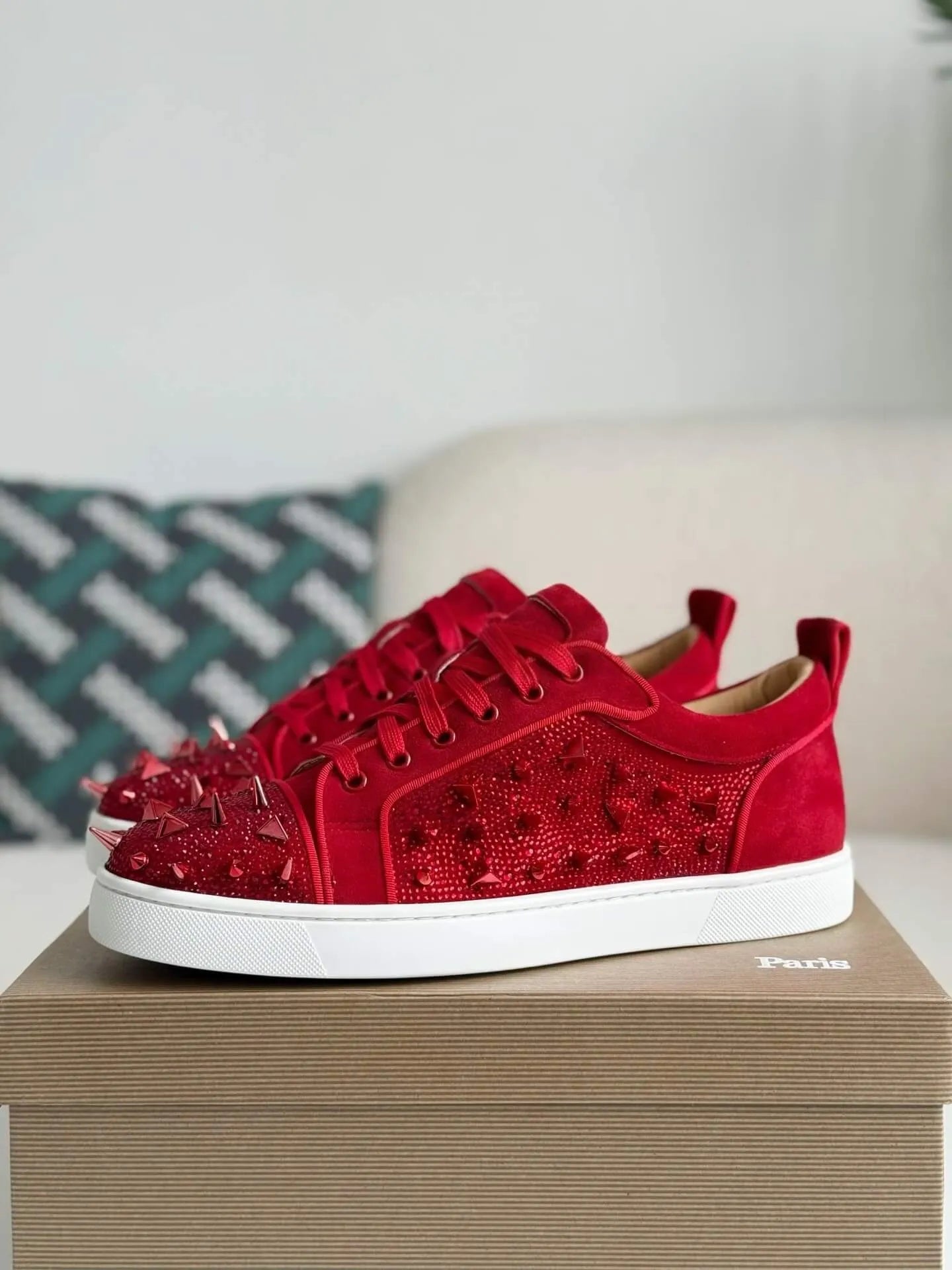 Christian Louboutin Louis Junior Sneaker – Red Suede, Strass
