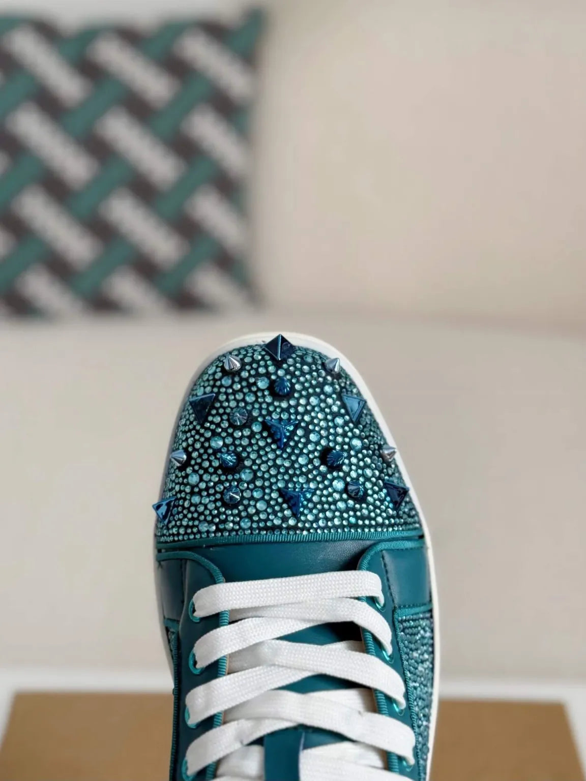 Christian Louboutin Louis Junior Sneaker – Teal Leather, Strass & Spikes