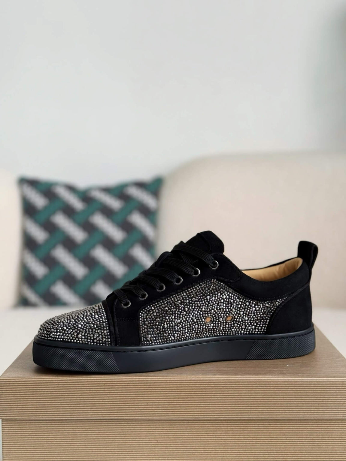 Christian Louboutin Louis Junior Strass Sneaker – Black Suede & Crystals