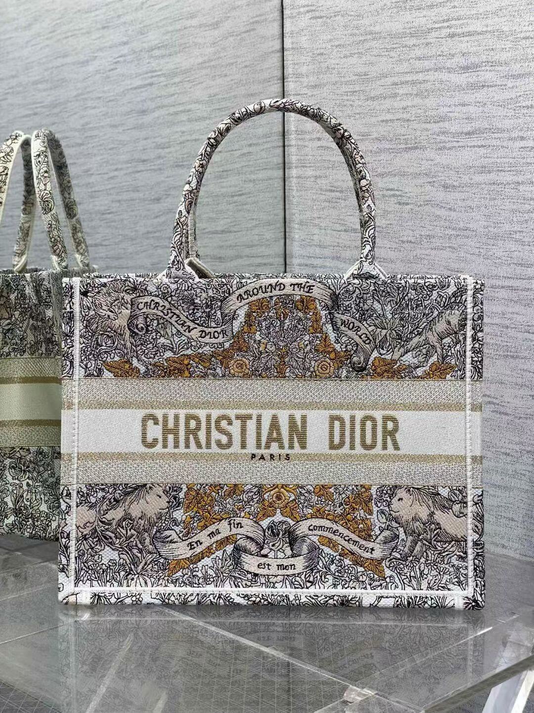 Christian Dior Medium Book Tote Latte Embroidered Canvas with Gold 