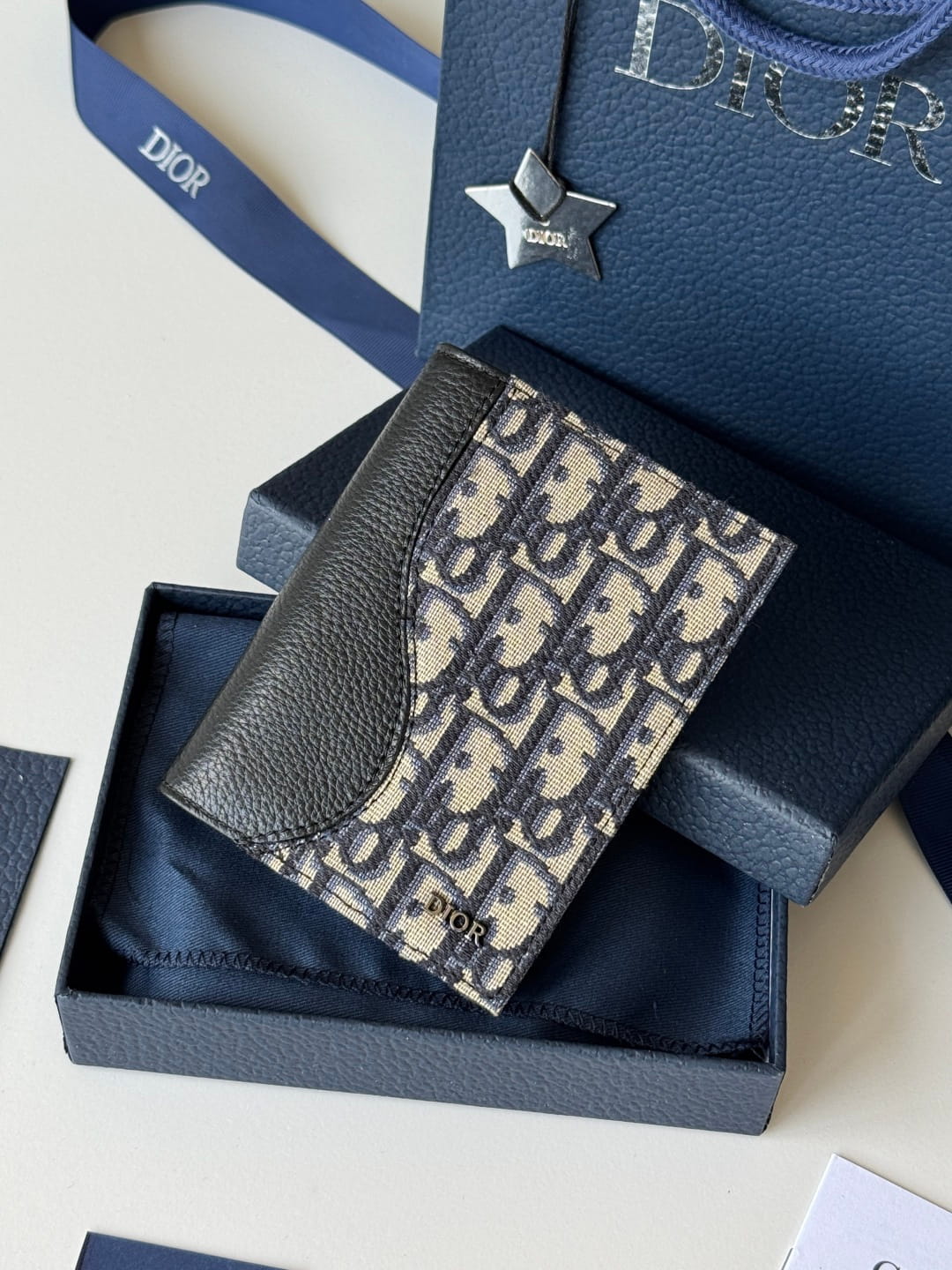 Dior Saddle Passport Cover Black Grained Calfskin Marquetry and