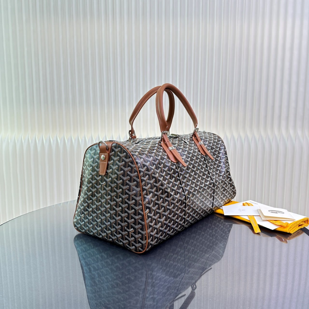 Goyard Black & Tan Goyardine Coated Canvas and Leather Boston 50 Bag