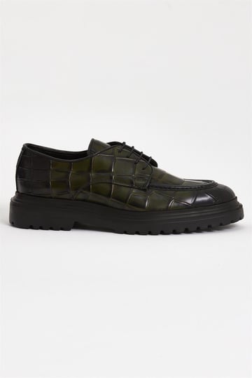 Green Croco Patterned Derby Shoe – genuine crocodile leather, side view with thick black EVA sole, ideal for bold casual style.