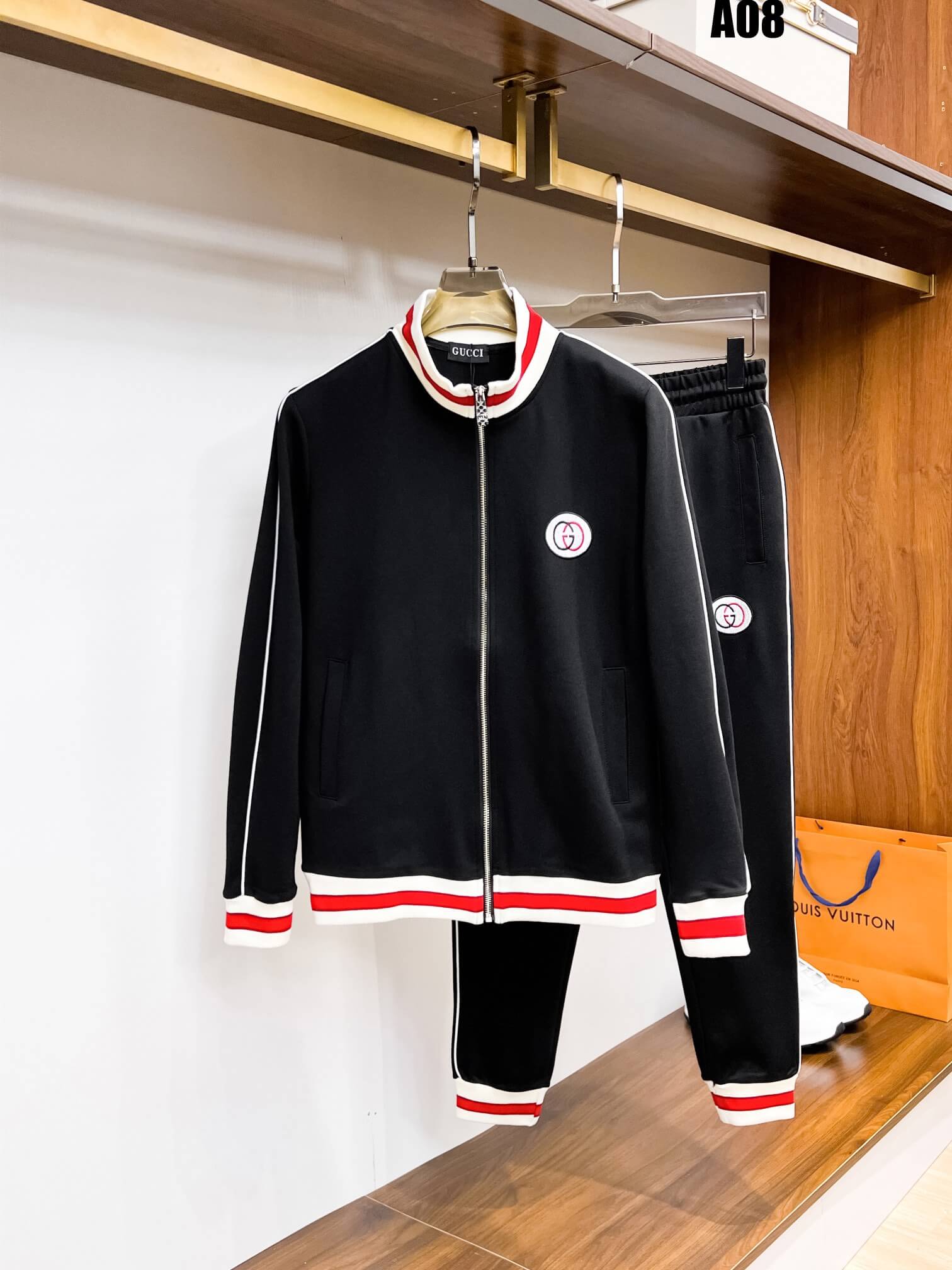 Gucci Interlocking G Technical Jersey Tracksuit Black with Red