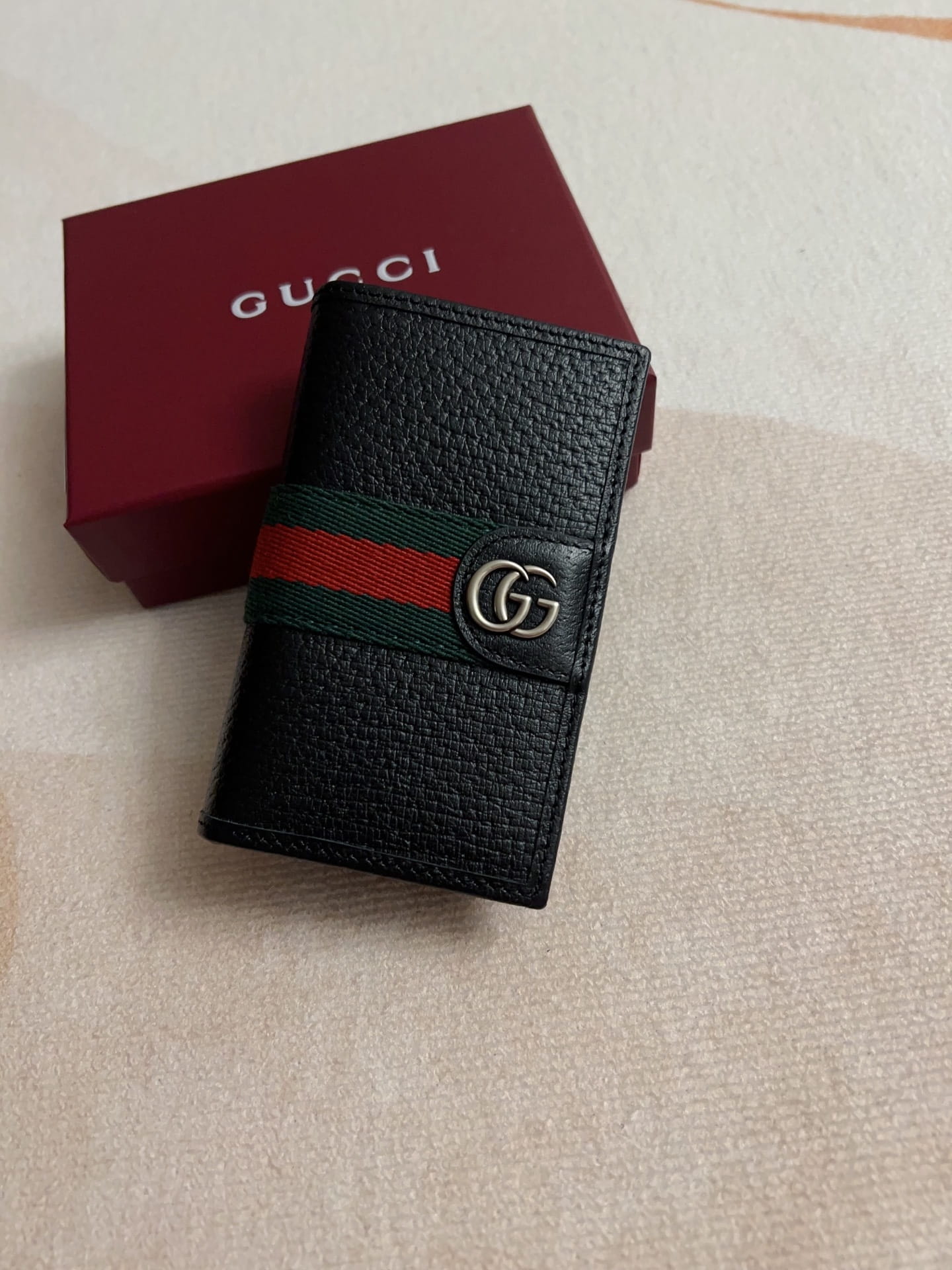 Gucci Men's Ophidia Black Leather Card Case Wallet with Web Stripe