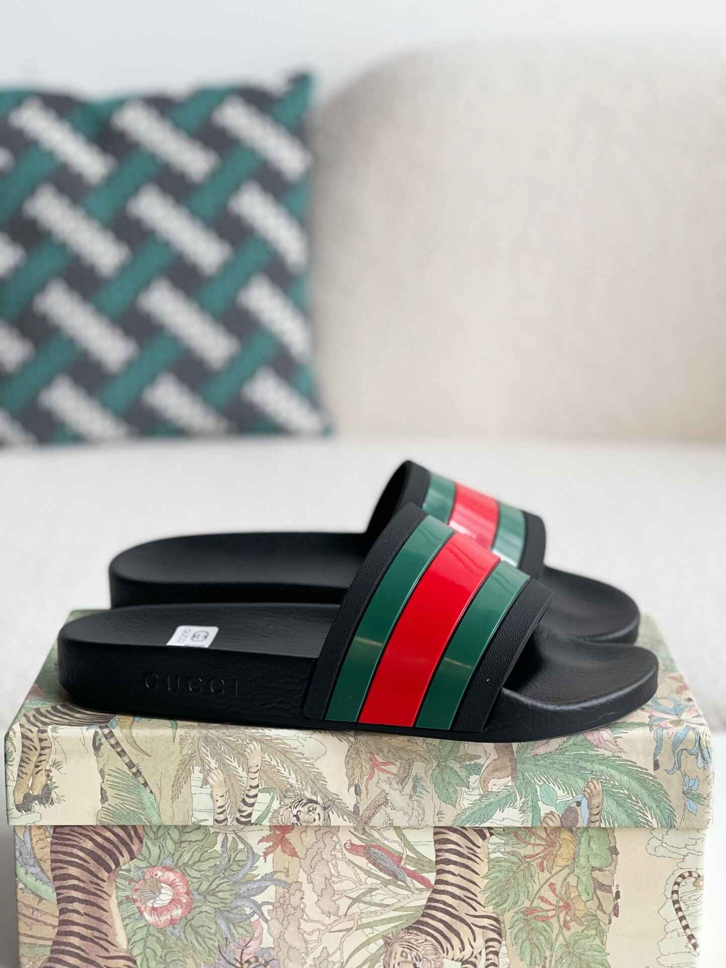 Gucci Web Slide Sandal – Black Rubber with Green & Red Web