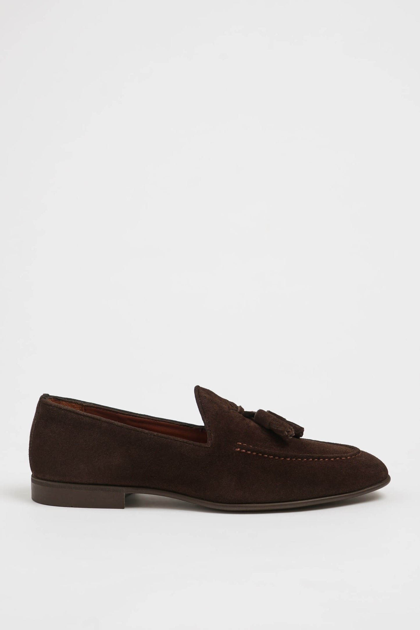 Handcrafted Brown Suede Tassel Loafer for Men – side view on white background, highlighting high-quality brown suede and timeless tassel accents.