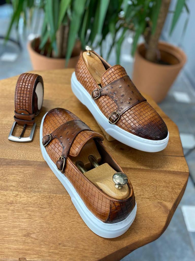 Handcrafted Camel Double Buckle Leather Sneakers – pair with a woven-like design, double buckles, and thick white Eva sole, alongside a matching belt.
