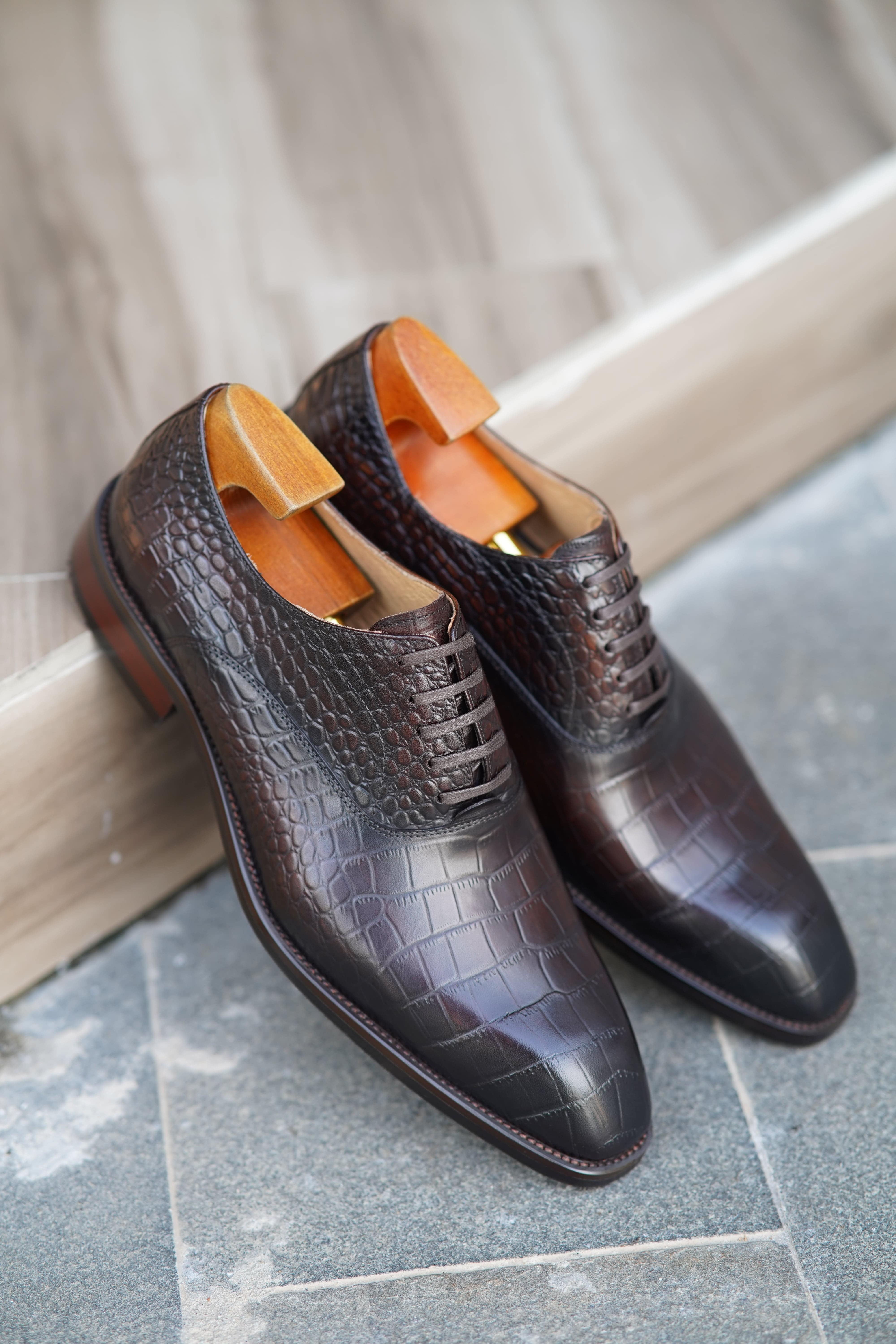 Handcrafted Luxury Burgundy Croco Oxford Shoes