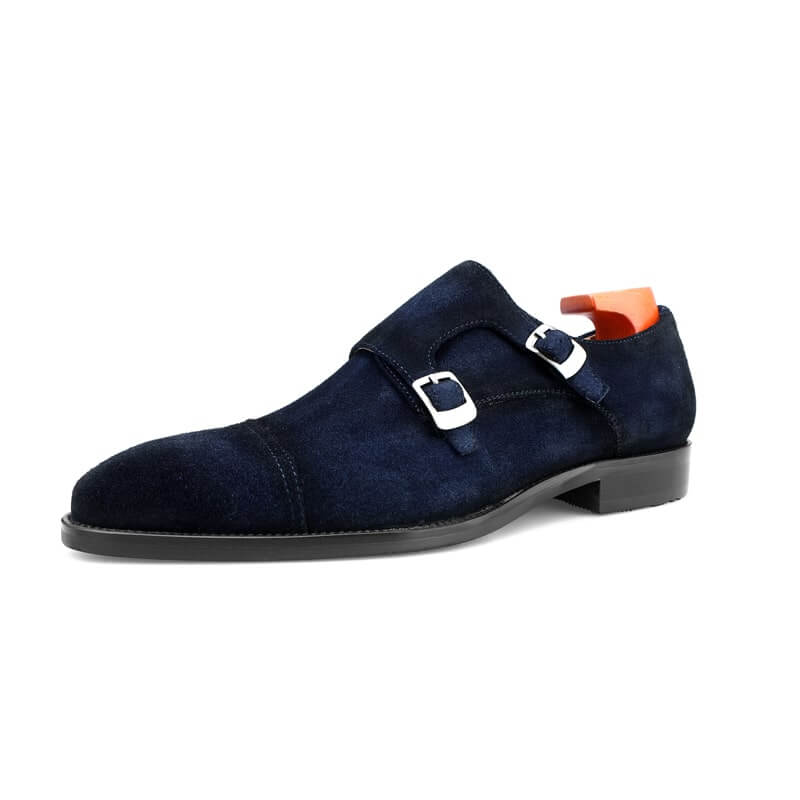 Handcrafted Navy Suede Double Monk Strap Dress Shoe – side view, showcasing luxurious navy suede and sleek buckle closures.