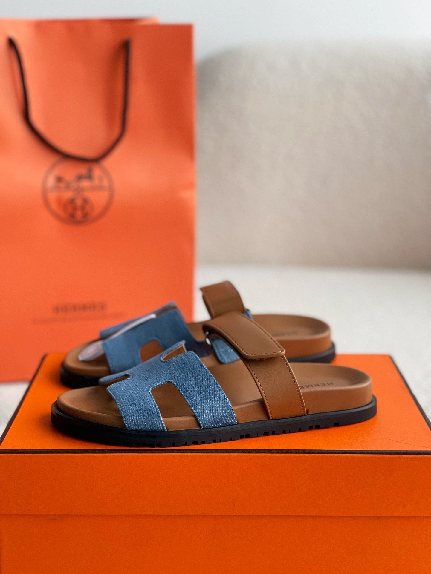 Hermès Women's Denim and Tan Leather Chypre Sandals – HolloShoe