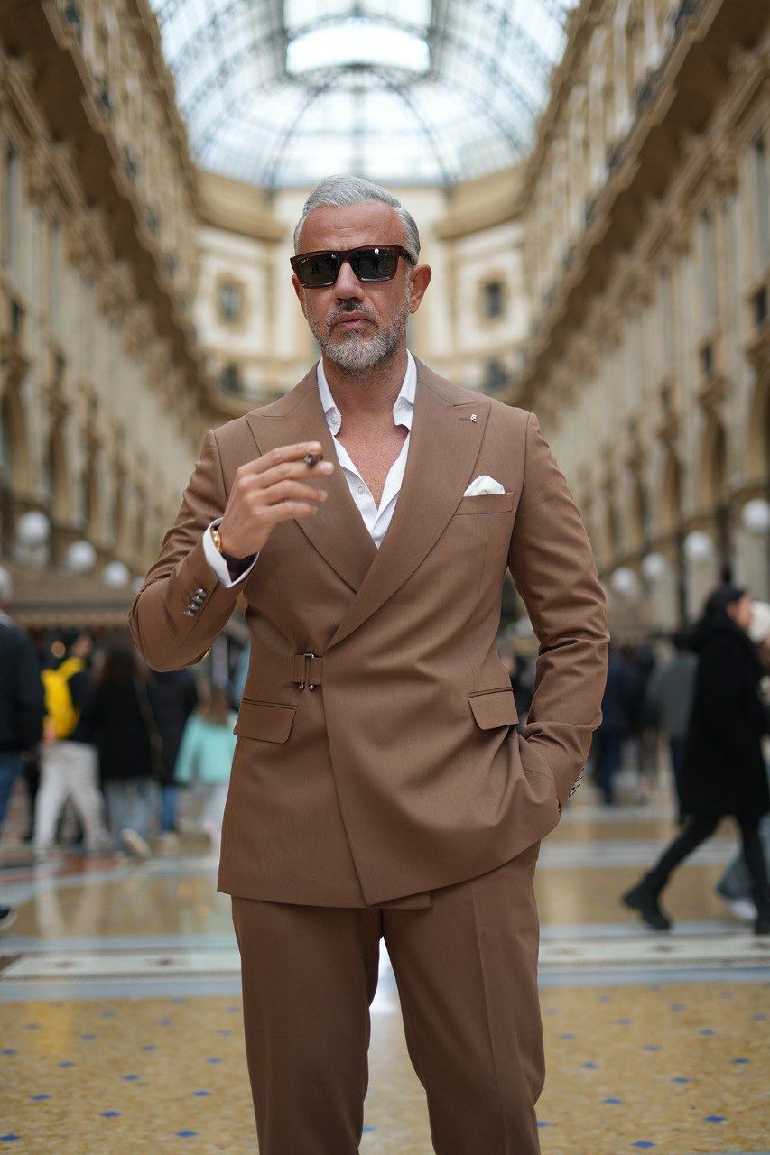 BROWN STRIPED DOUBLE BREASTED SUIT SLIM-FIT XXL