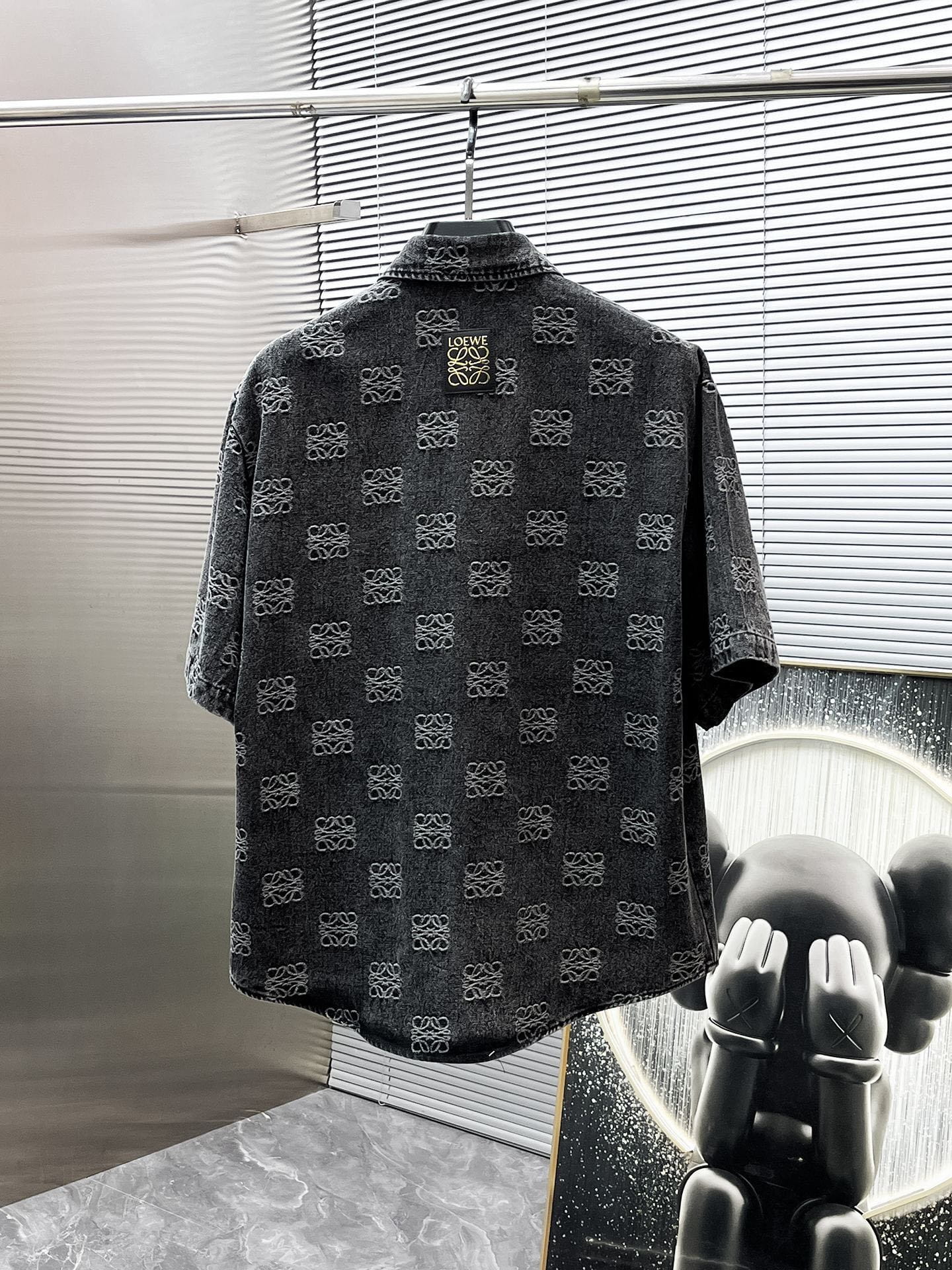 Loewe Allover Anagram Denim Set - Charcoal Black Short-Sleeved Shirt & Shorts Co-ord Set