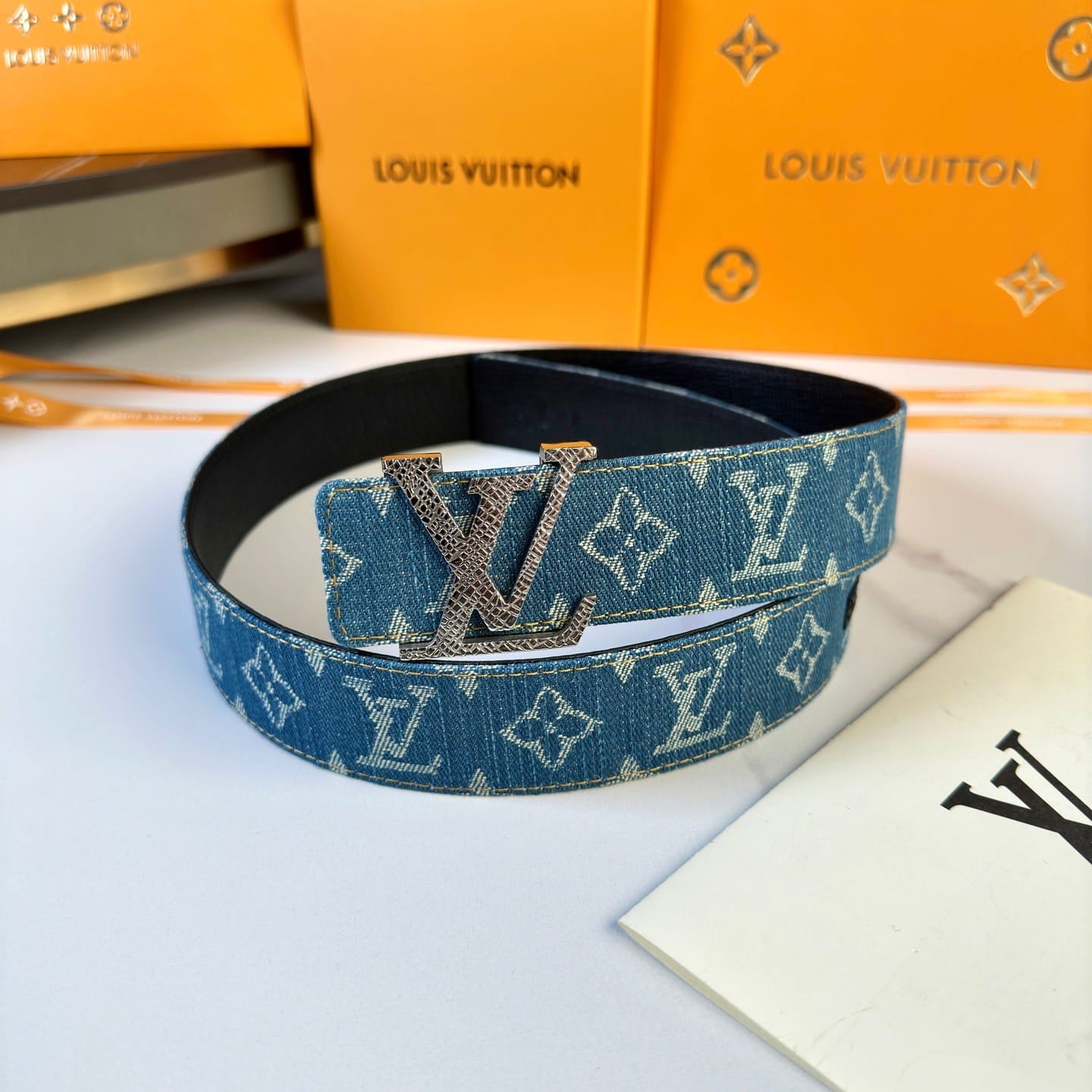 Louis Vuitton LV Dimension Monogram Denim Flower 40mm Reversible Belt - Silver Textured Buckle
