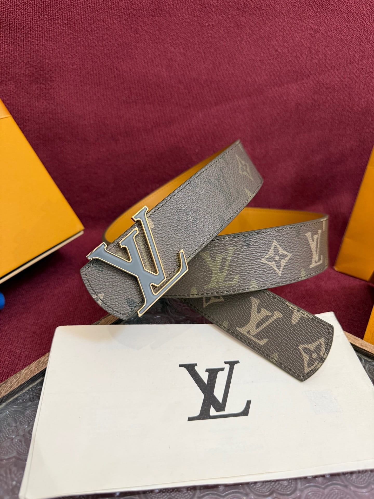Louis Vuitton LV Khaki Monogram Taurillon 40mm Reversible Belt - Gold & Grey Buckle