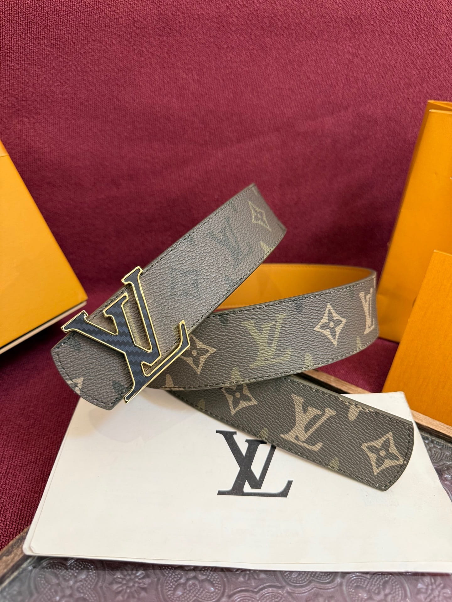 Louis Vuitton LV Khaki Monogram Taurillon 40mm Reversible Belt - Gold & Carbon Fiber Buckle