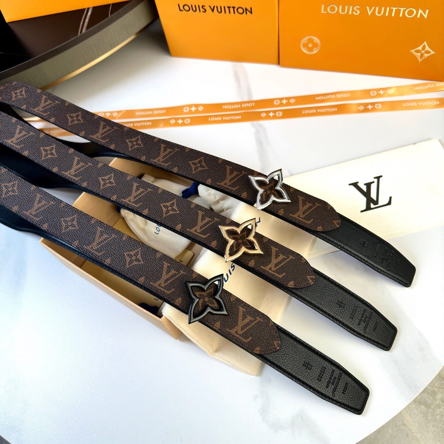 Louis Vuitton LV Women's Monogram Canvas 30mm Reversible Belt - Gold Flowergram Buckle