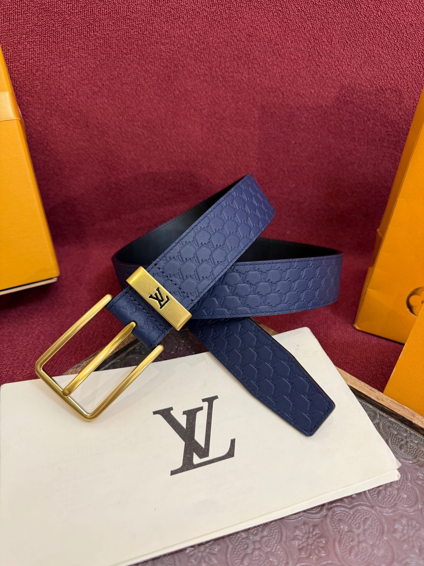 Louis Vuitton LV Navy Blue Pont Neuf 35mm Belt - Brushed Gold Buckle