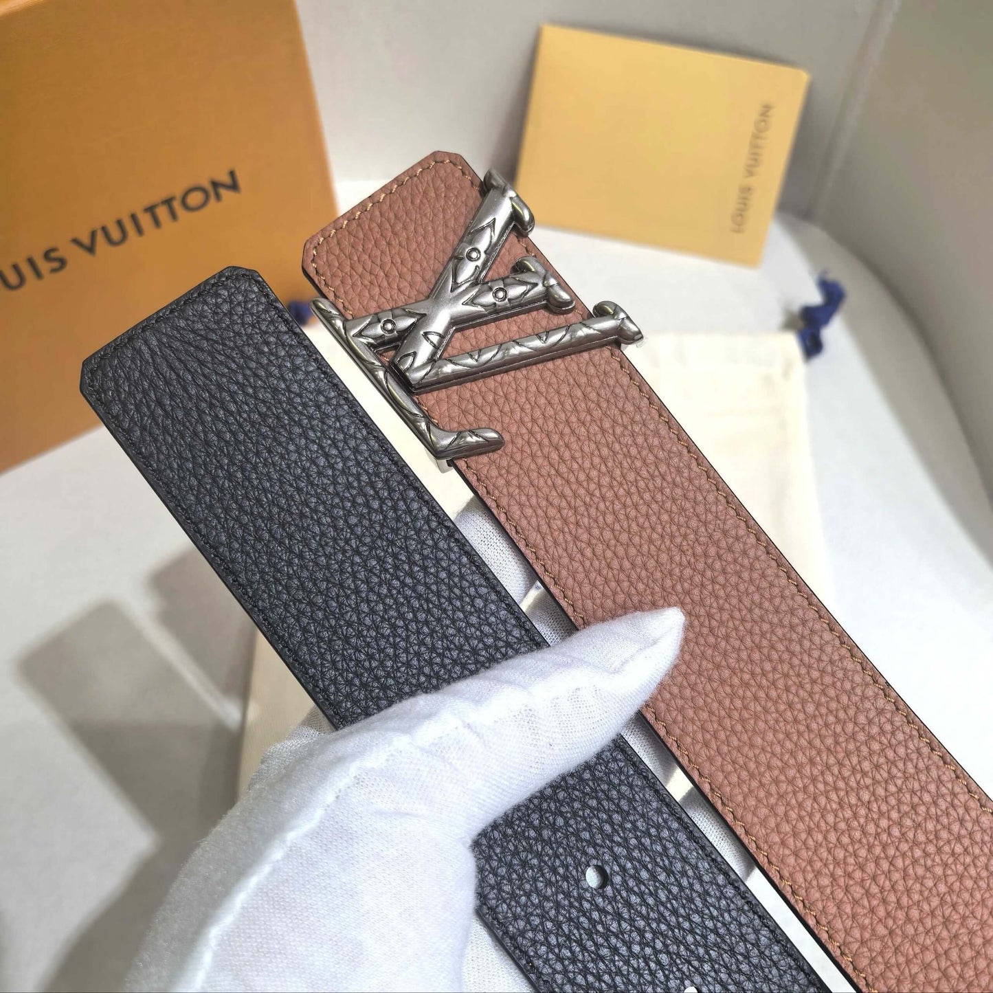 Louis Vuitton LV Pyramide 40mm Reversible Belt - Cognac Taurillon Leather with Silver-Tone Buckle