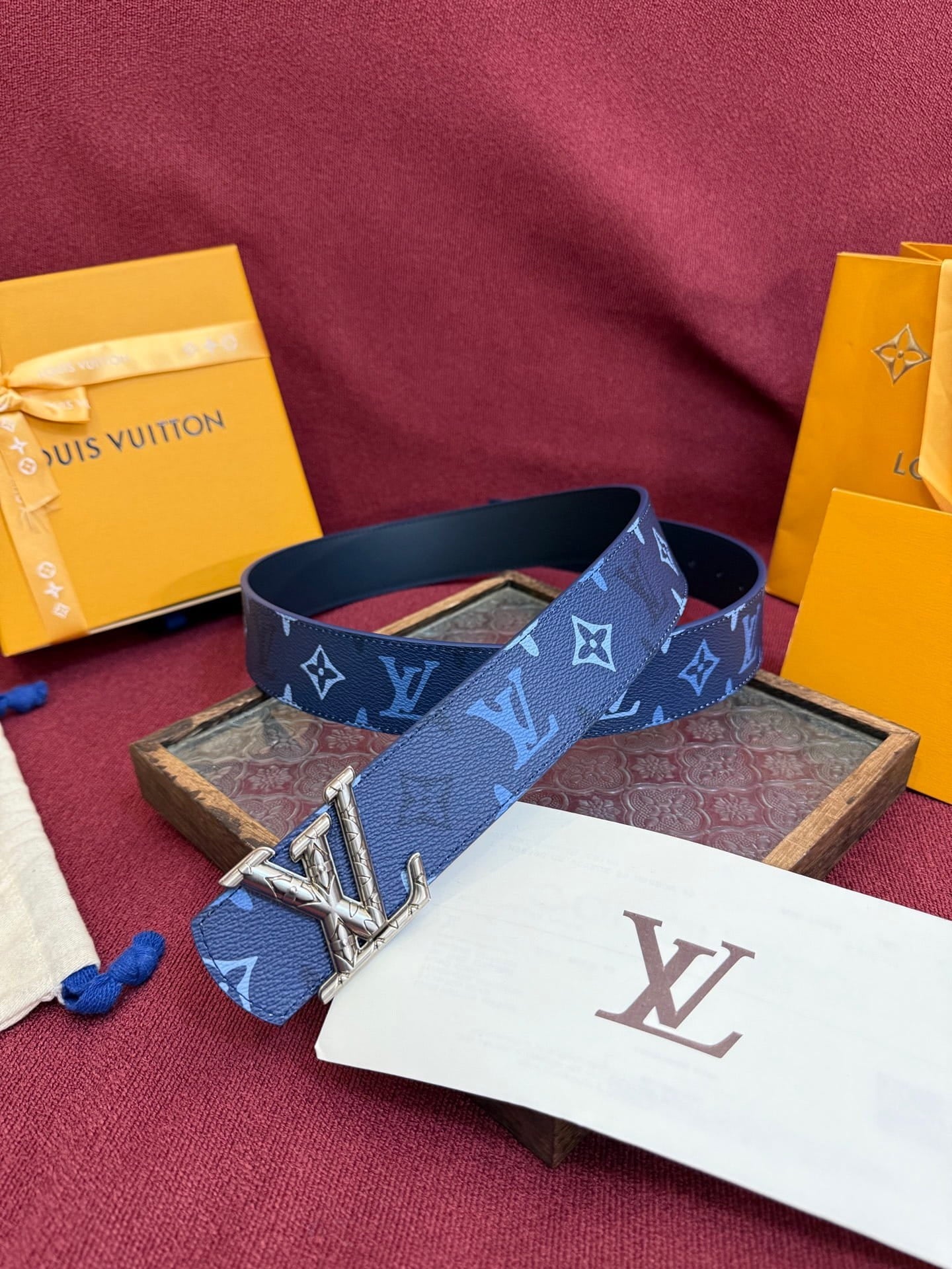 Louis Vuitton LV Royal Blue Dimension Monogram Heritage 40mm Reversible Belt - Engraved Silver Buckle