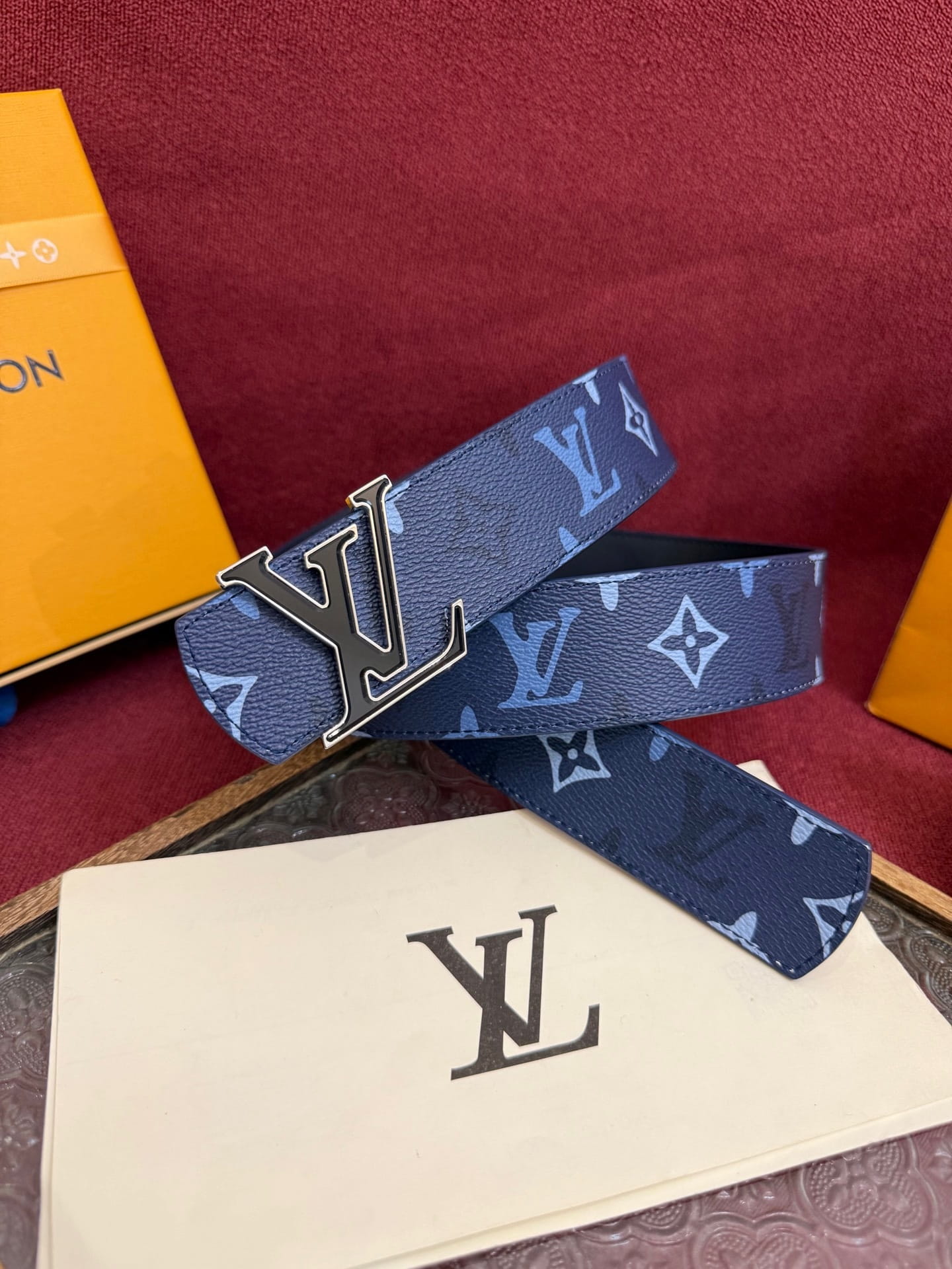 Louis Vuitton LV Royal Blue Dimension Monogram Heritage 40mm Reversible Belt - Silver & Black Buckle