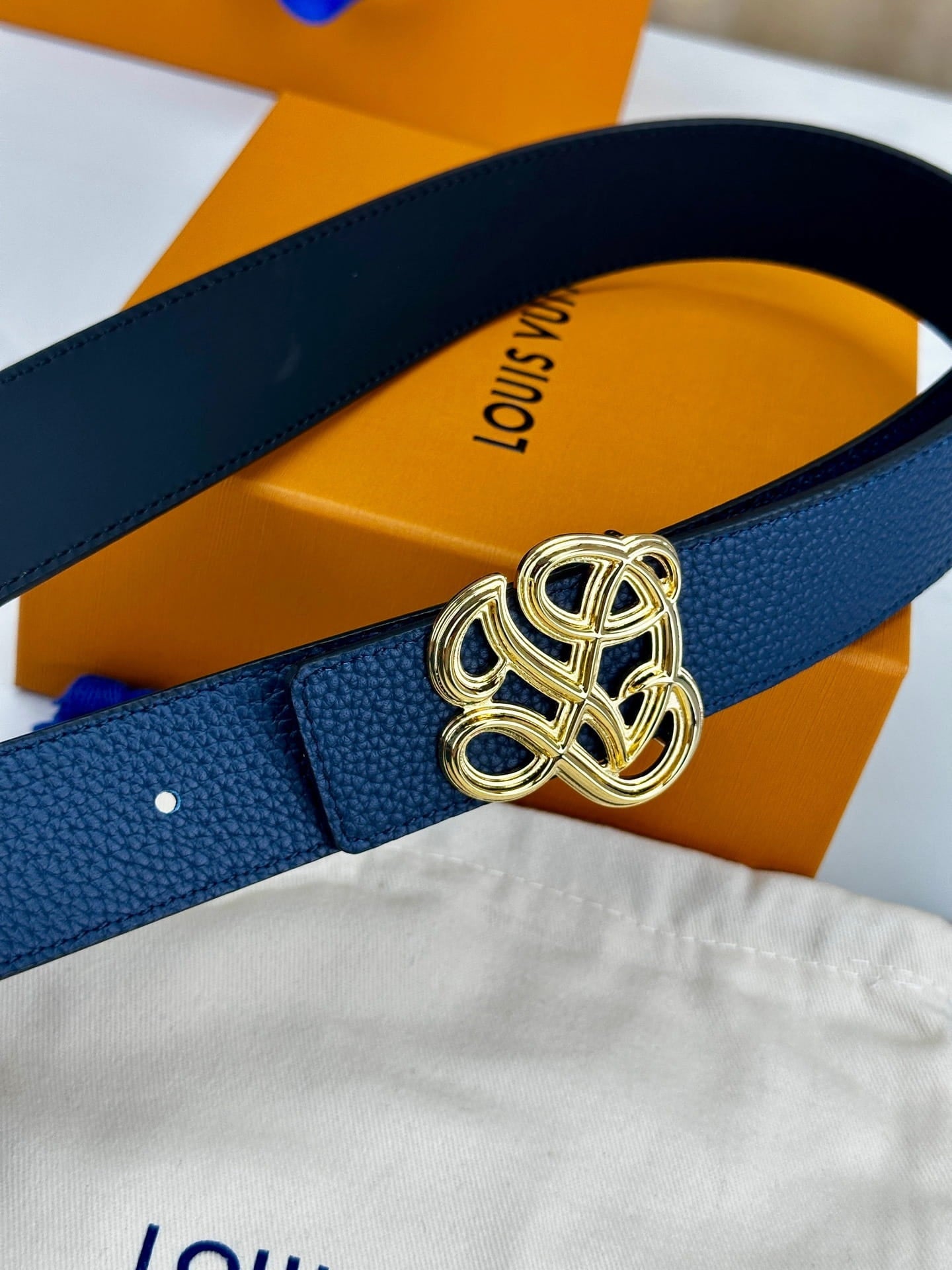 Louis Vuitton LV Women's Dynasty Marine Blue 35mm Reversible Belt - Polished Gold Hardware