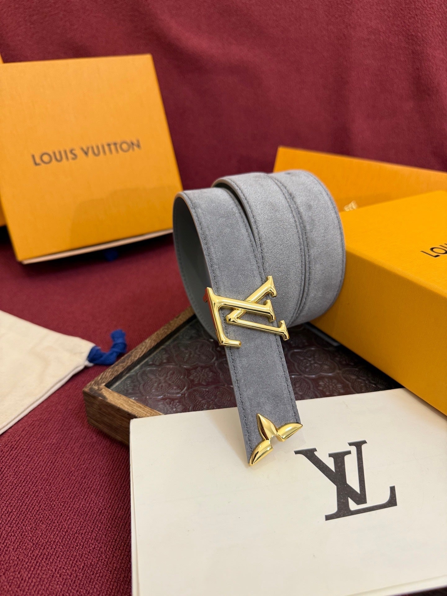 Louis Vuitton LV Pretty 30mm Grey Suede Belt - Gold Buckle
