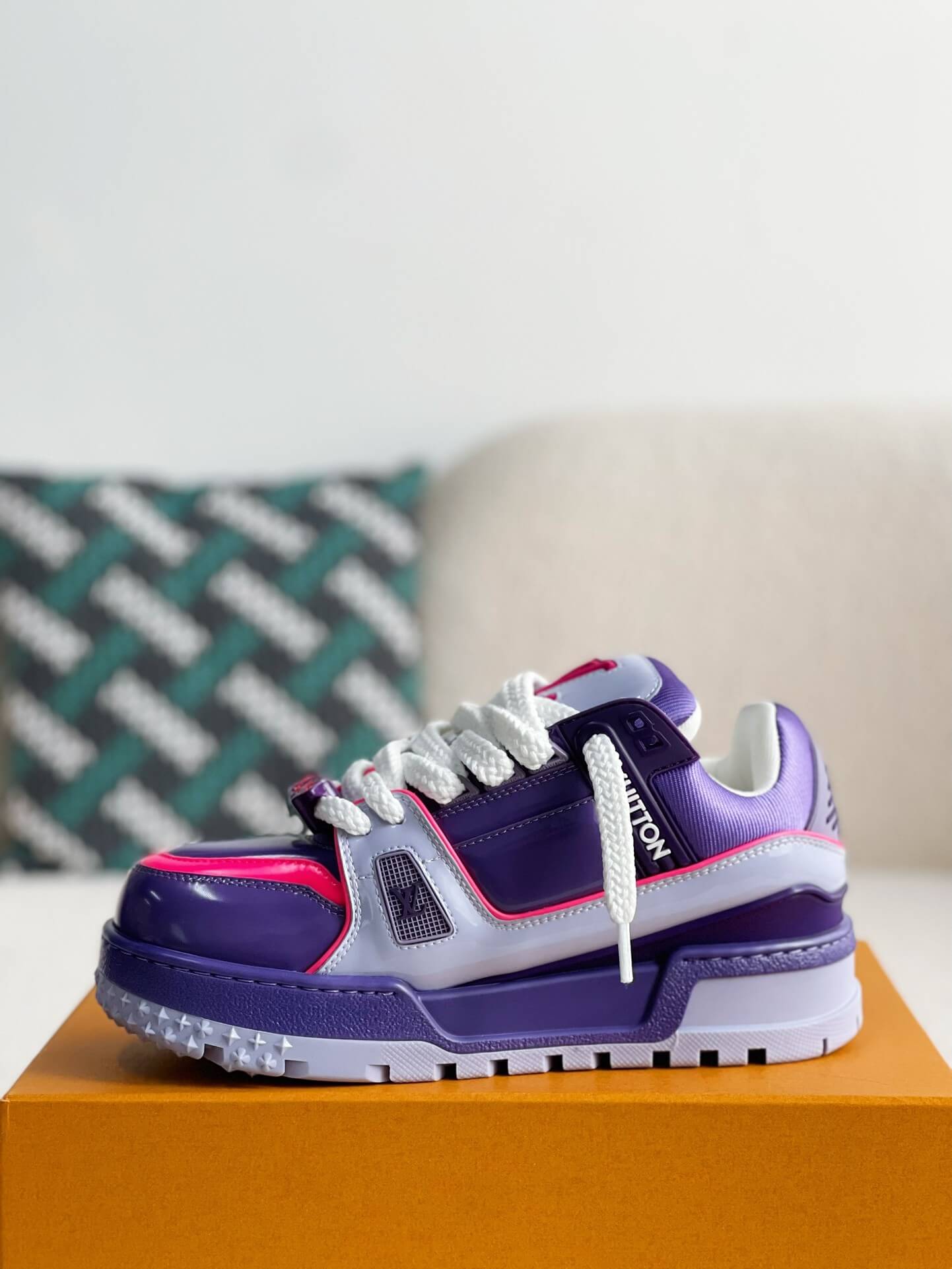 Louis Vuitton LV Maxi Trainer – Purple & Lilac Patent Leather with Neon Pink Accents