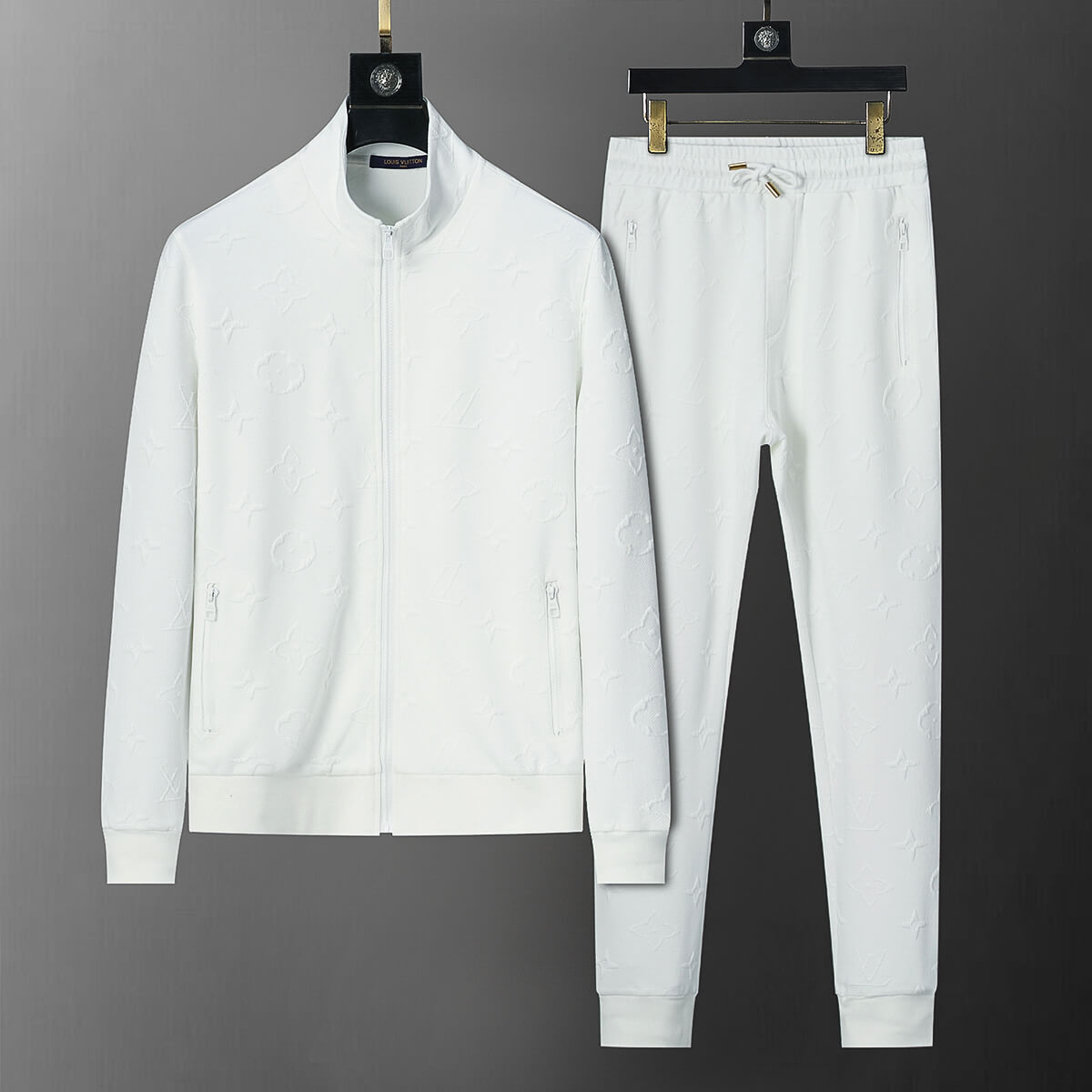 Louis Vuitton Monogram Embossed Cotton Tracksuit White Zip-Up Jacket and Jogger Pants Set