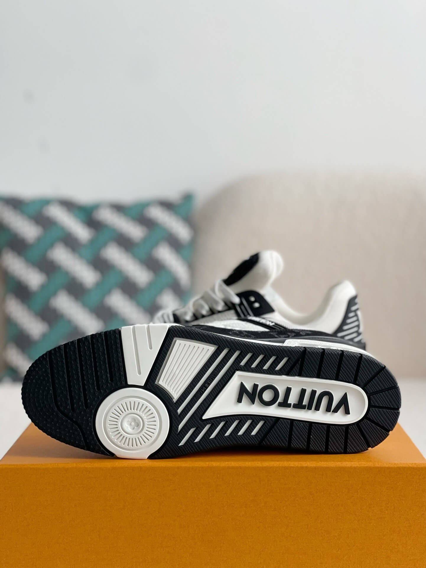 Louis Vuitton Trainer Sneaker – Black & White Monogram Denim with Embossed Grained Leather