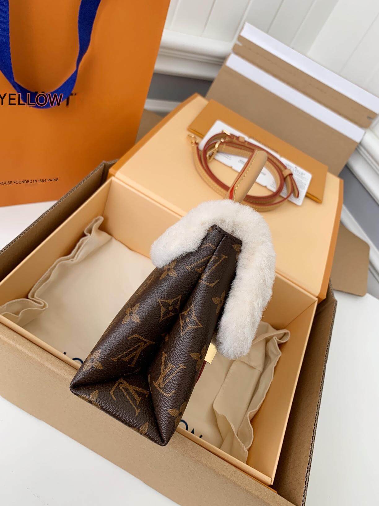 Louis Vuitton LV Locky BB Shoulder Bag in Brown Monogram Canvas and Beige Skin-out Fur