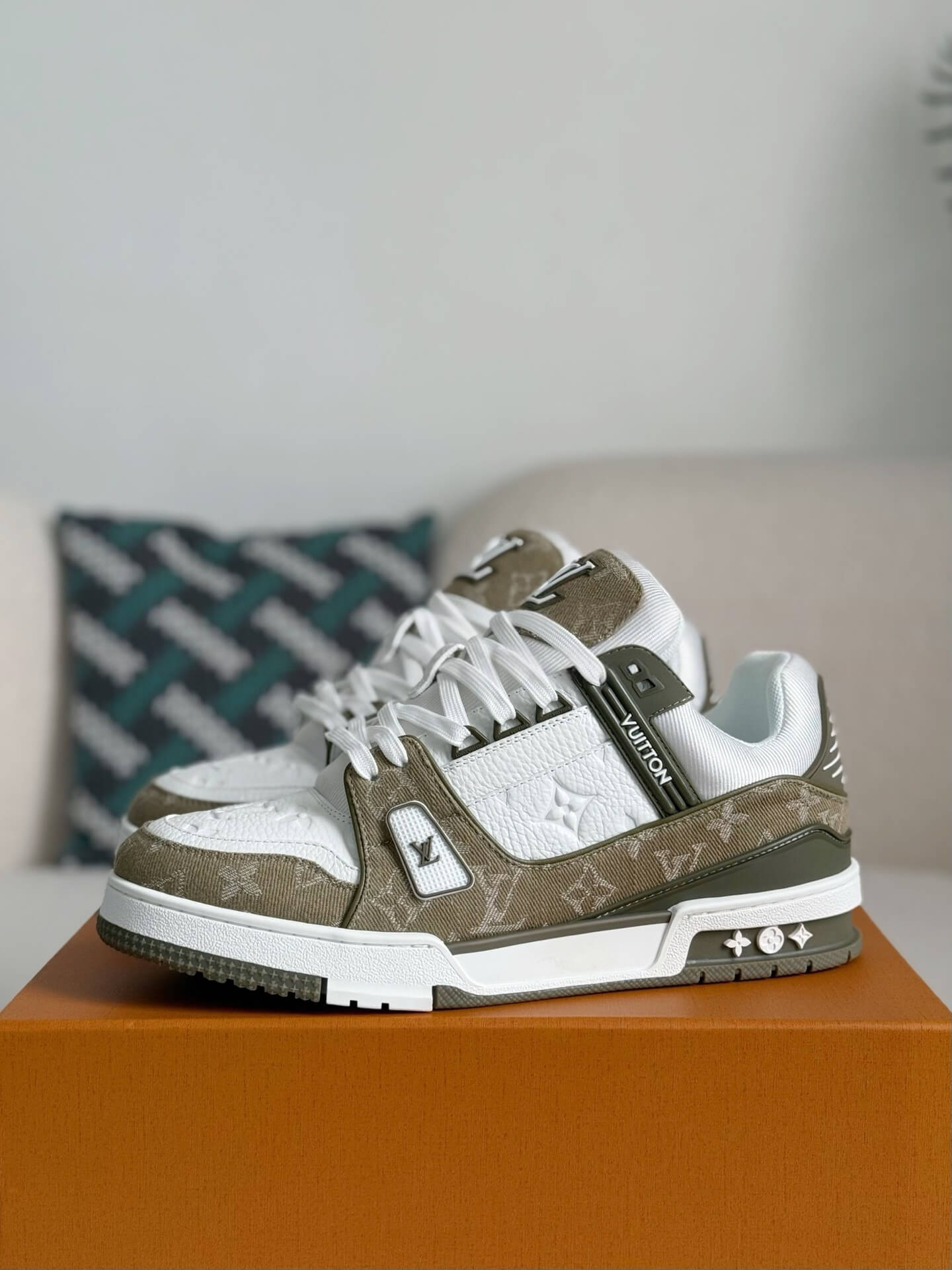 Louis Vuitton LV Trainer Sneaker White Olive Monogram – Hollo Shoe