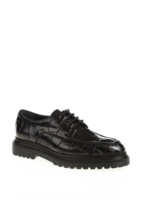 Men's Black Crocodile-Embossed Derby Chunky Shoes 42