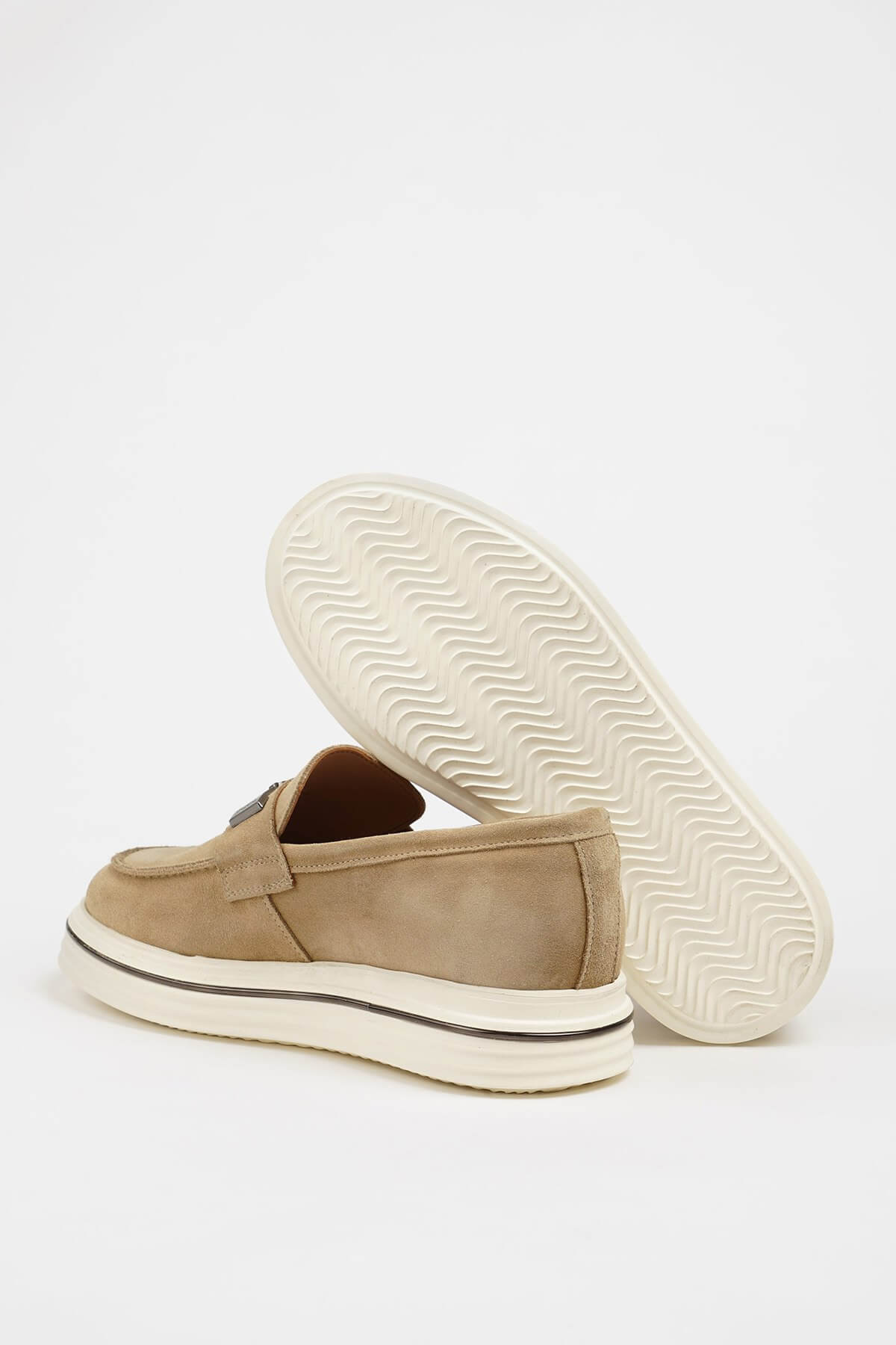 HolloShoe Beige Nubuck Leather Slip-On Loafers with Horsebit Detailing