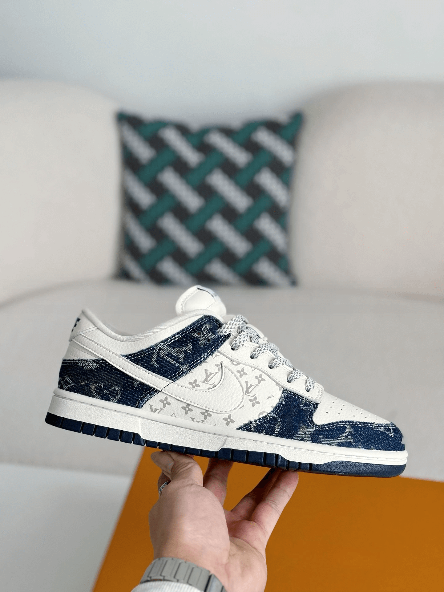 Louis Vuitton x Nike SB Dunk Low Blue Denim Monogram White