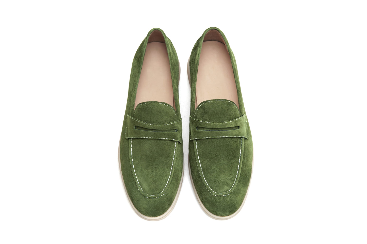 Single olive green suede penny loafer on white background, vamp and strap detail