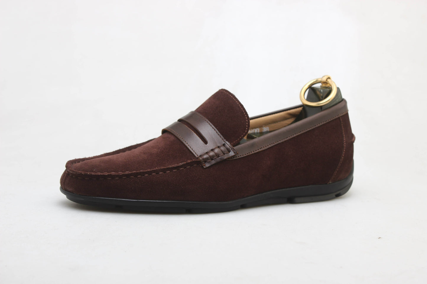 Refined Brown Suede Driving Loafer – side view with shoe tree on white background, highlighting premium cowskin suede and durable rubber/leather sole.