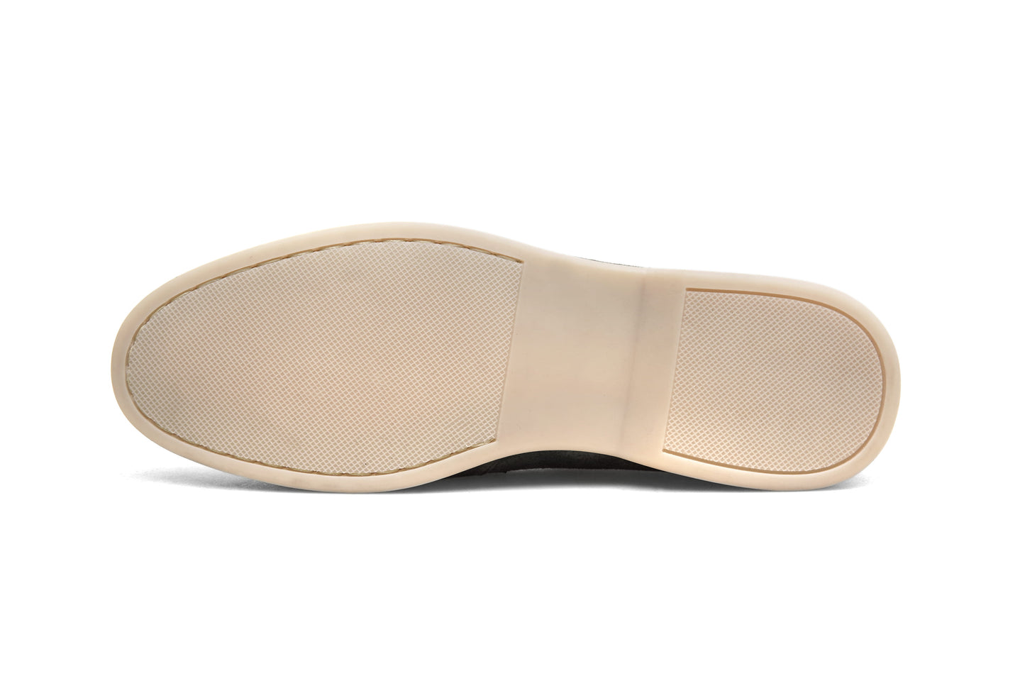 Green suede twist-strap slip-on loafer on white background, top-down view