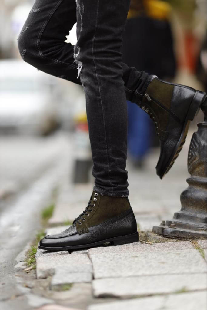 Black & Khaki Leather Boots - Hollo Shoe