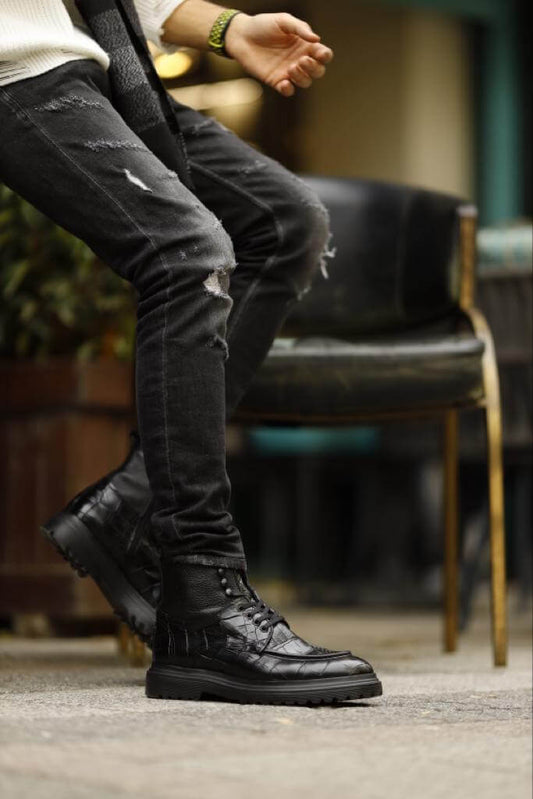 Black Wingtip Leather Boots - Hollo Shoe