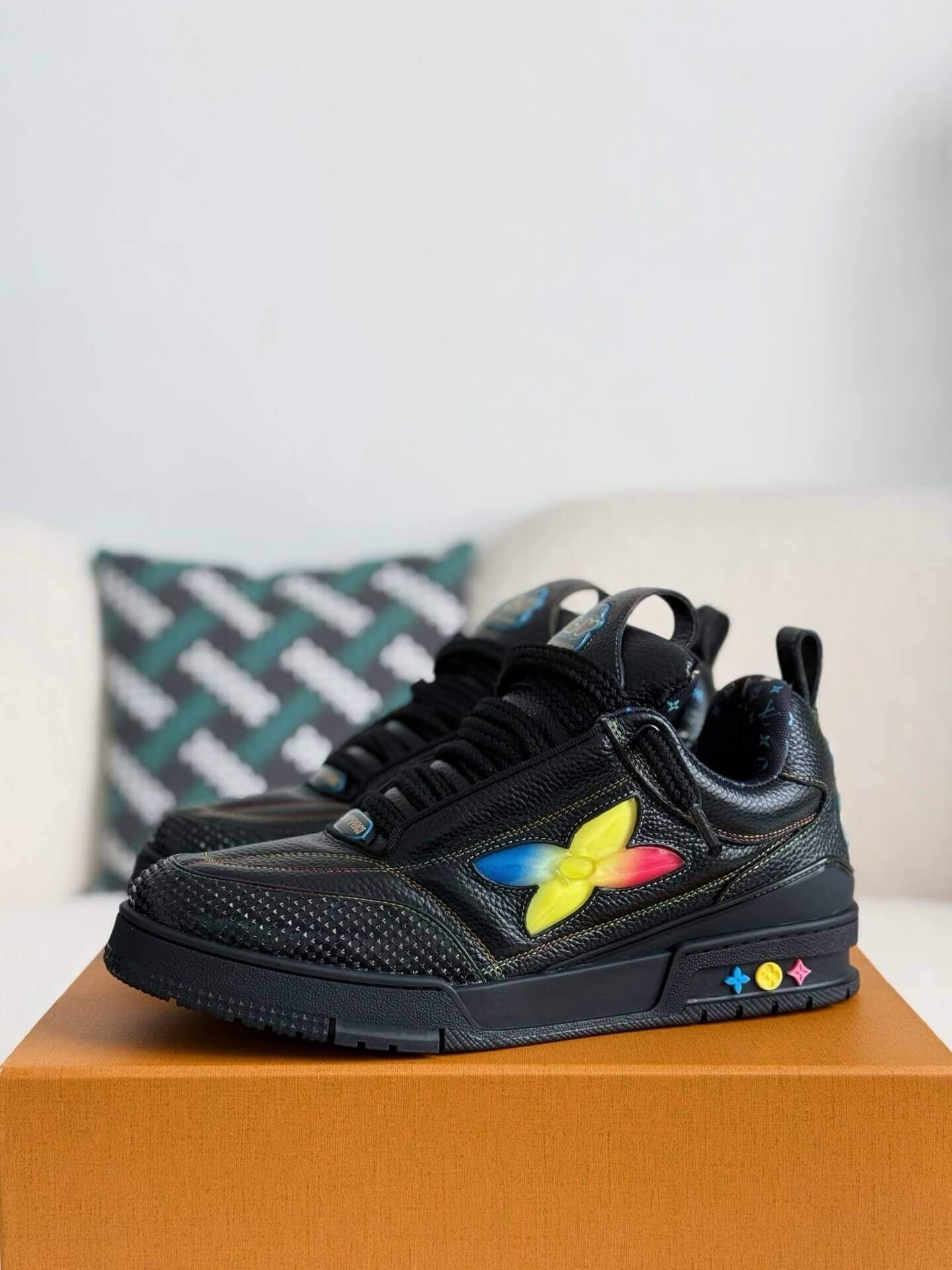Louis Vuitton LV Skate Sneaker Black Grained Leather Rainbow 