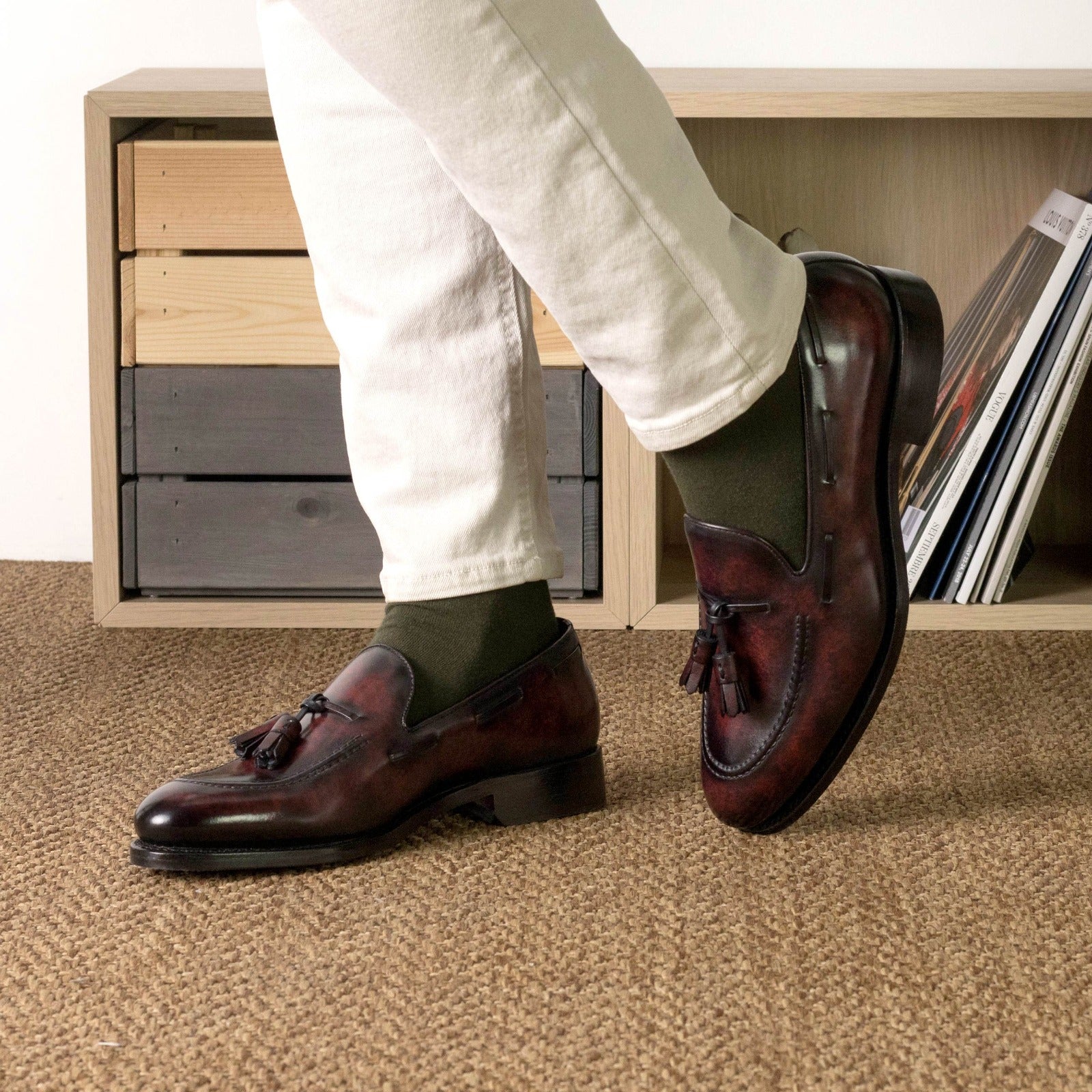 Men's Bespoke Burgundy Patina Tassel Loafers - Customizable Goodyear Welt, Classic Zurigo Last 46.5 / D -- standard width fit Men's Bespoke Burgundy Patina Tassel Loafers - Customizable Goodyear Welt, Classic Zurigo Last 46.5 / D -- standard width fit