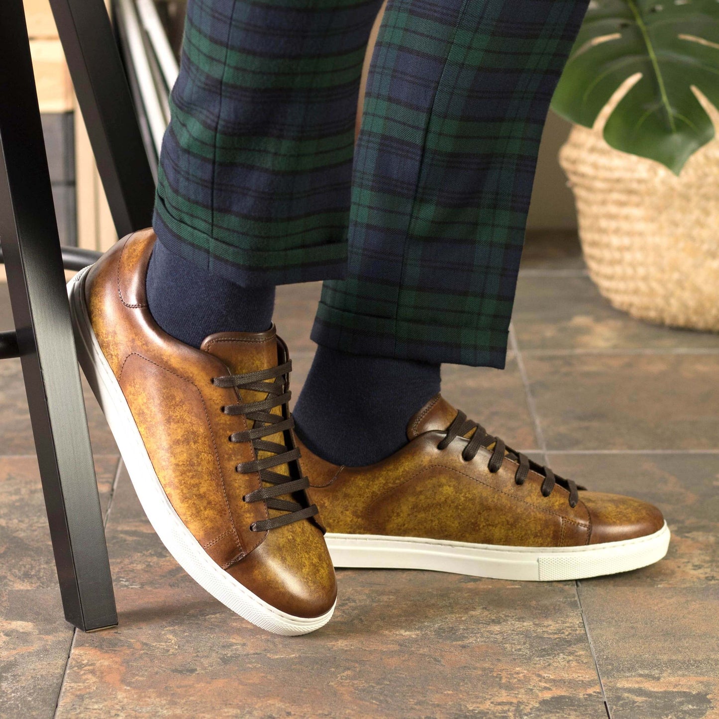 Bespoke Cognac Patina Leather Trainers