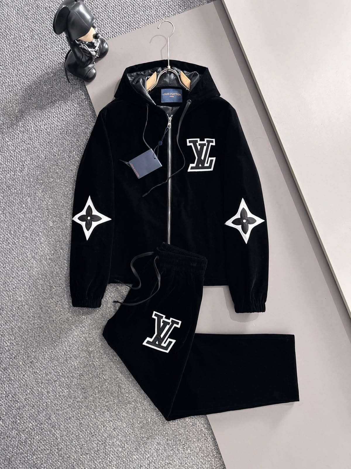 Louis Vuitton LV Black Velour Monogram Flower Patch Hooded