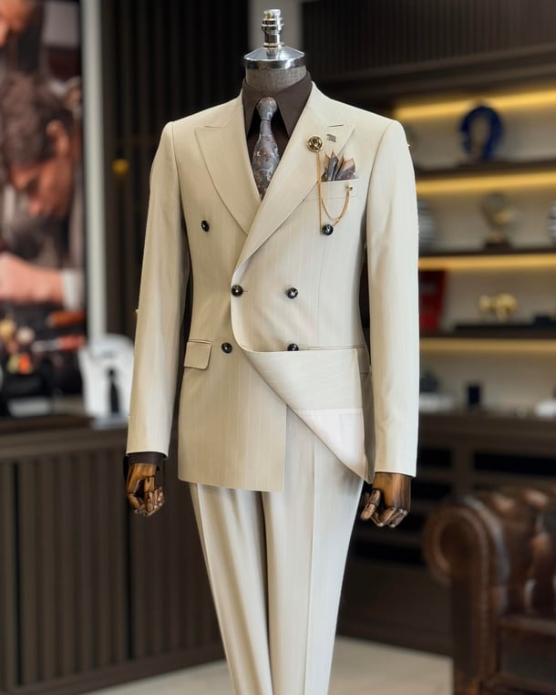 Beige Slim Fit Double Breasted Two Piece Men's Suit