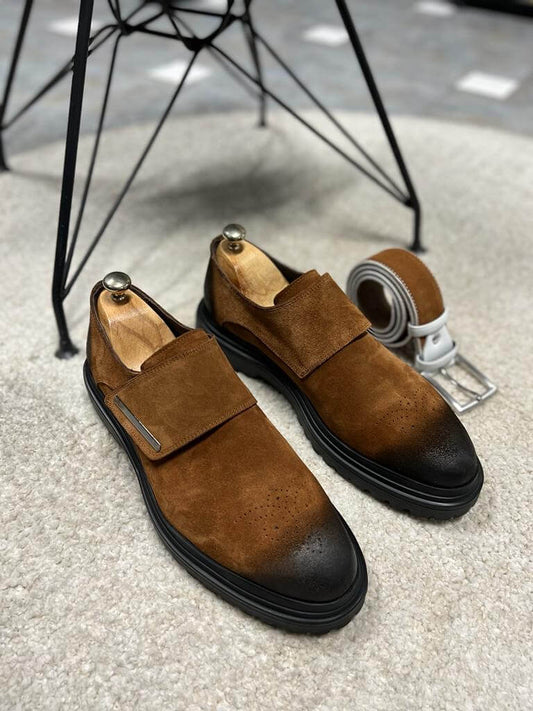 Camel Suede Loafers for Fall & Winter Wear – pair on a white rug with a black chunky Eva sole, showcasing a modern flap closure and sophisticated style.